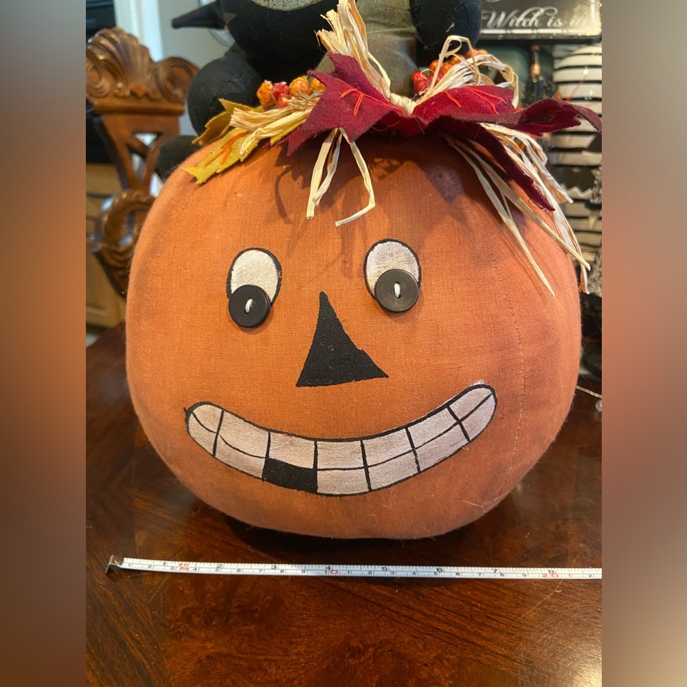 Stuffed Antiqued Pumpkin with Black Cat
